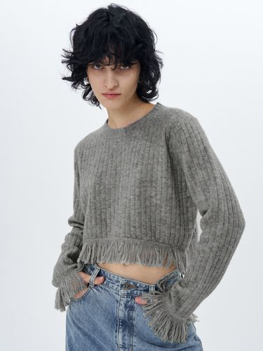 Ribbed Knit Fringed Sweater - Melange Grey - ETCH - Modalova