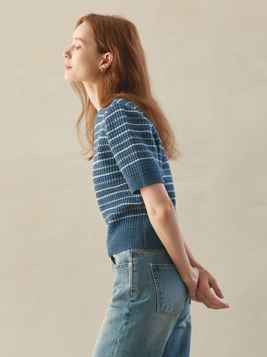 Stripe Half Sleeve Knit Top _Greyish Blue - MOAT - Modalova