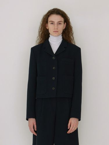 Woolen Twill Collar Cropped Jacket_Dark Navy - STEP AROUND - Modalova