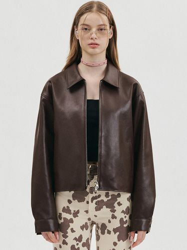 Faux Leather Cropped Single Jacket_Brown - doffsept - Modalova