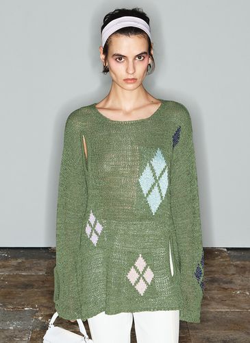 Argyle Cut-Out Knit Pullover_Green - OPEN YY - Modalova