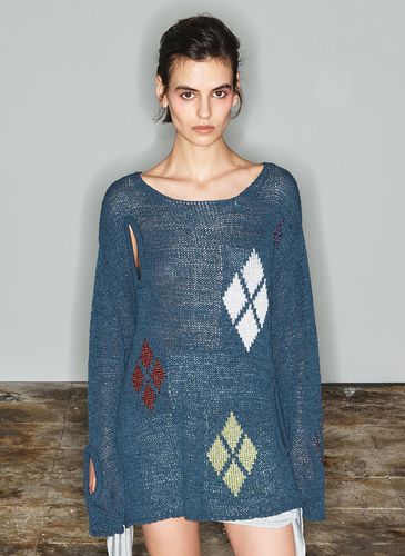 Argyle Cut-Out Knit Pullover_Blue - OPEN YY - Modalova