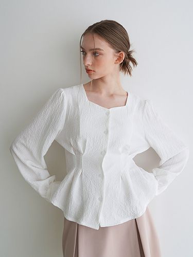 Tuck Heart Neck Blouse White - bibyseob - Modalova