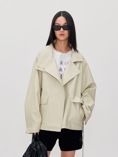 Funnel Neck Tie Waist Vegan Leather Jacket _Beige - RE RHEE - Modalova