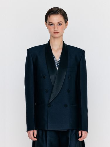 WELL Double Breasted Tuxedo Blazer_Navy/Black - EENK - Modalova