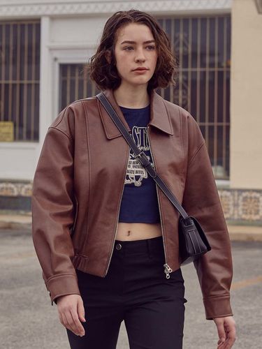 Faux Leather Cropped Blouson Jacket_Dark Brown - RAIVE - Modalova