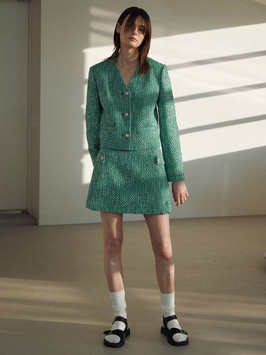 Classic Collarless Tweed Jacket_Green - JOY GRYSON - Modalova