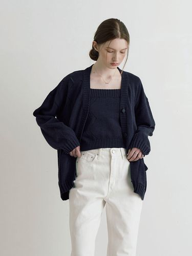 Zigzag V-neck Knit Cardigan _ Navy - ADAUL - Modalova