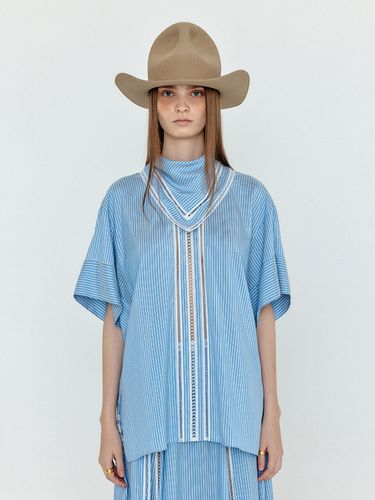 WOVIA Short Sleeve Scarf Blouse_Skyblue Stripe - EENK - Modalova