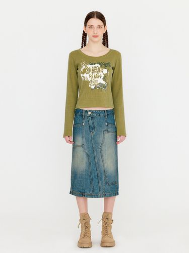 Paneled Vintage Washing Midi Denim Skirt_Indigo - YUSE - Modalova