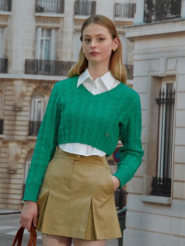 Cropped V-neck Cable Knit_Green - ROLAROLA - Modalova