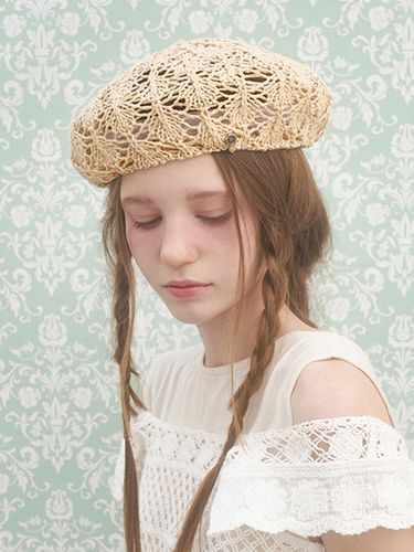 Crochet Knit Beret_Beige - Brown Hat - Modalova