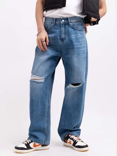 Destroyed Curved Fit Denim Pants_Blue - DEEP SENSE - Modalova