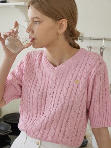 V-neck Cable Half Sleeve Sweater_Pink - NONLOCAL - Modalova