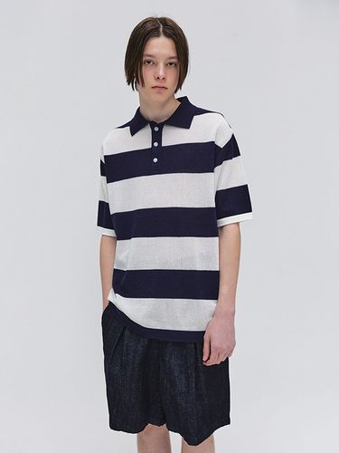 Stripe Net Knit Pullover_Navy - EZIO - Modalova