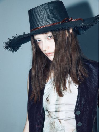 Leather Strap French Boater Hat_Dark Grey - poesiedame - Modalova