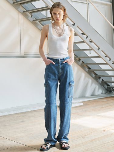 Cargo Semi-wide Denim Pants_Medium Indigo - MaLoupe - Modalova