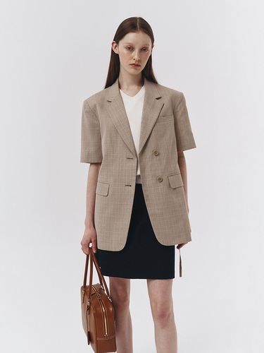 Half Sleeve Belted Linen Jacket_Beige Check - Dunst for WOMEN - Modalova