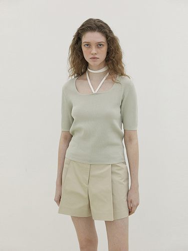 Strap Square Neck Knit Top _Light Khaki - ahwe - Modalova