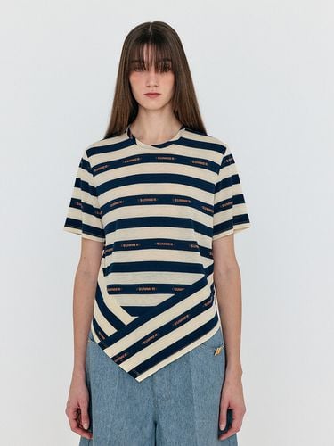 Wave Asymmetric Paneled T-Shirt_Navy Beige Stripe - EENK - Modalova