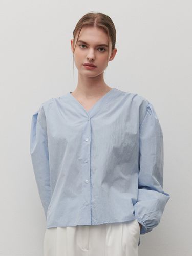 V-neck Shirring Blouse Sky Blue - camino - Modalova