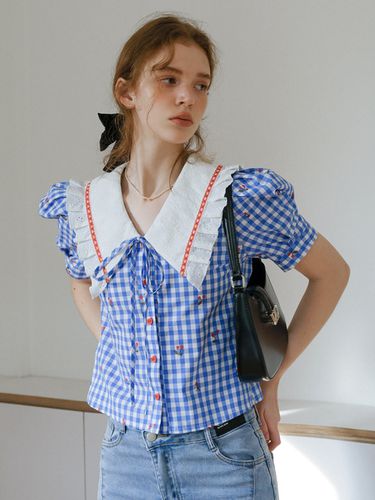 Cherry Gingham Bubble Shirt_Blue - Cest Moidew - Modalova