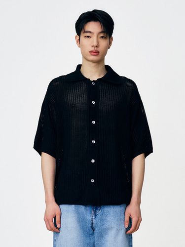 Mesh-Knit Collared Cardigan _ Black - Lagrange - Modalova