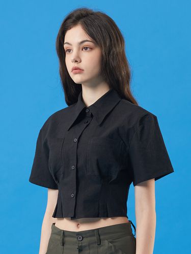 Linen Cropped Short-sleeve Shirt_Black - KOLEAT - Modalova