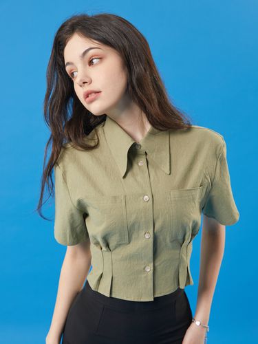 Linen Cropped Short-sleeve Shirt_Green - KOLEAT - Modalova