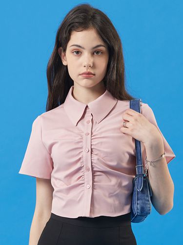 Cropped Shirring Short-sleeve Shirt_Pink - KOLEAT - Modalova