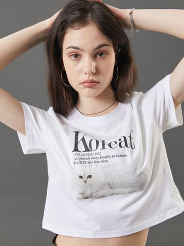 Cropped Cat Graphic T-shirt_White - KOLEAT - Modalova