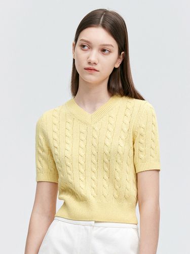 Cable V-neck Semi Crop Short Sleeve Knit - MONGDOL - Modalova