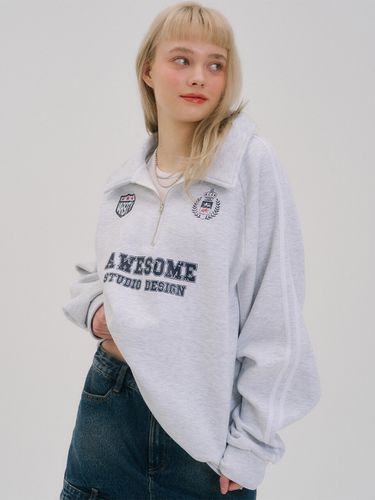 Collar Half Zip-Up Soccer Sweatshirt_White Gary - Awesomestudio - Modalova