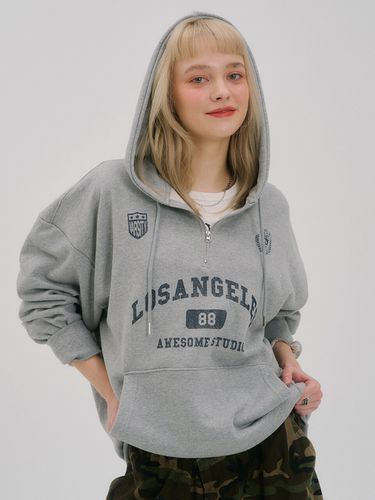 Overfit Half Zip-Up Hooded Sweatshirt_Melange Gray - Awesomestudio - Modalova