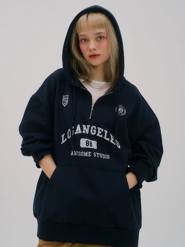 Overfit Half Zip-Up Hooded Sweatshirt_Vintage Navy - Awesomestudio - Modalova