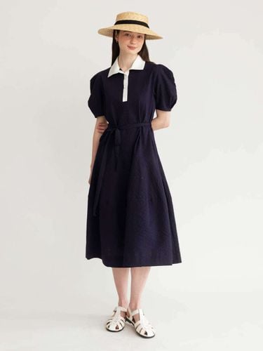 Pointed Collar Cotton Seersucker Long Dress [] - AMONG - Modalova