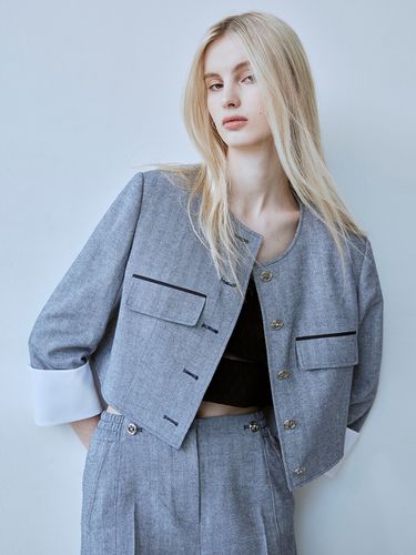 Unique Herringbone Cuffed Jacket_Navy - HUNCH - Modalova