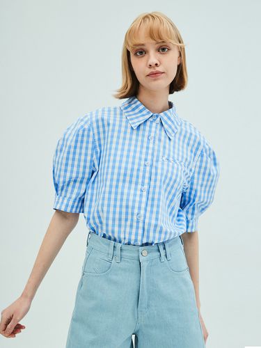 Puff Short Sleeve Check Blouse_Blue - OPENING SUNSHINE - Modalova