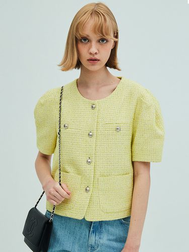 Puff Sleeve Tweed Jacket_Yellow - OPENING SUNSHINE - Modalova