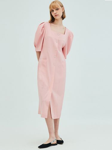 Linen Square Neck Flower Button Dress_Pink - OPENING SUNSHINE - Modalova