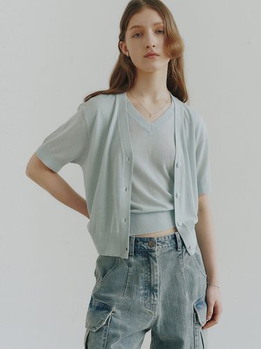 Linen Layered Cropped Cardigan_Sky Blue - NOIRER for WOMEN - Modalova