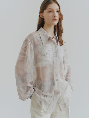 Marbling Sheer Oversized Shirt_Beige - NOIRER for WOMEN - Modalova