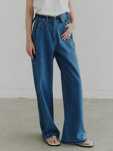 Contrast Double-washed Wide Denim Pants_Blue - NOIRER for WOMEN - Modalova