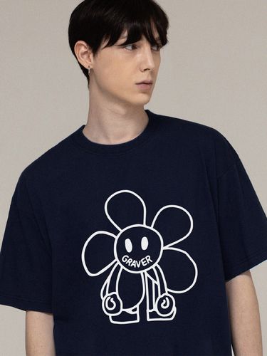 Comics Line Flower Drawing T-Shirt [Navy] - GRAVER - Modalova