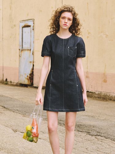 Raw Denim Stitch Mini Dress - ETMON - Modalova