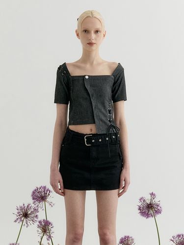 Square Neck Denim Lace-up Top_Black - YUSE - Modalova