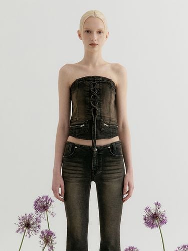 Lace-up Denim Tube Top_Black - YUSE - Modalova