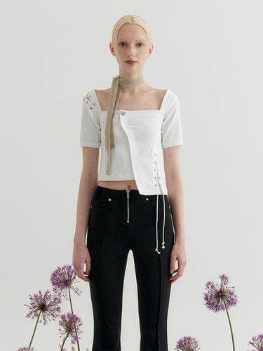 Square Neck Denim Lace-up Top_White - YUSE - Modalova