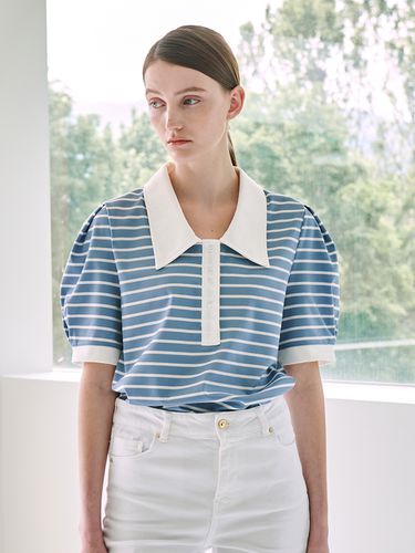 Striped Puff Collar T-Shirt_Sky Blue - Nouve - Modalova