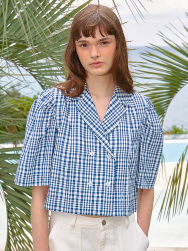 Semi Double Crop Shirt Blouse _Blue Check - a.t.corner - Modalova